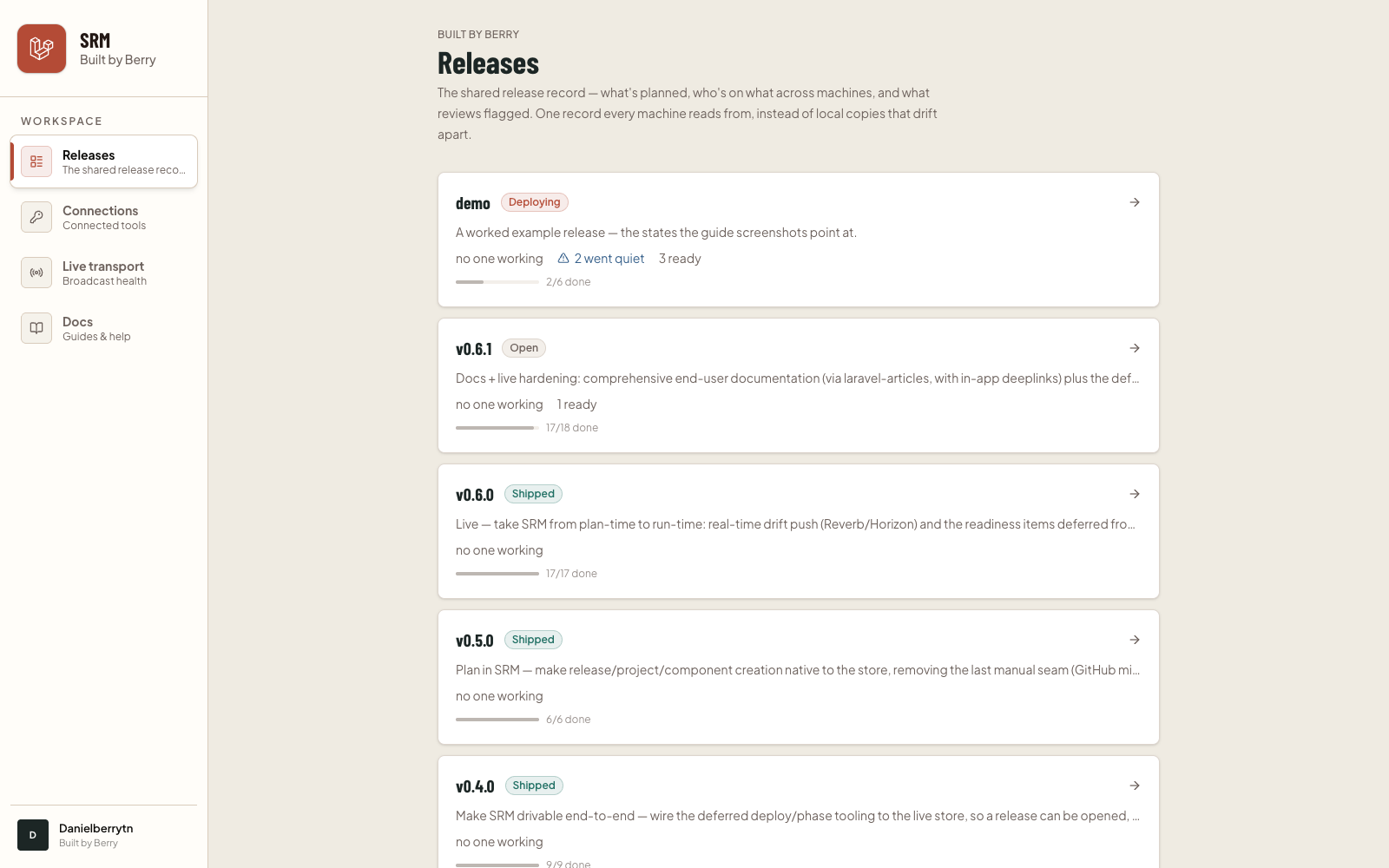 The navigation rail with the SRM masthead, workspace links, and your account